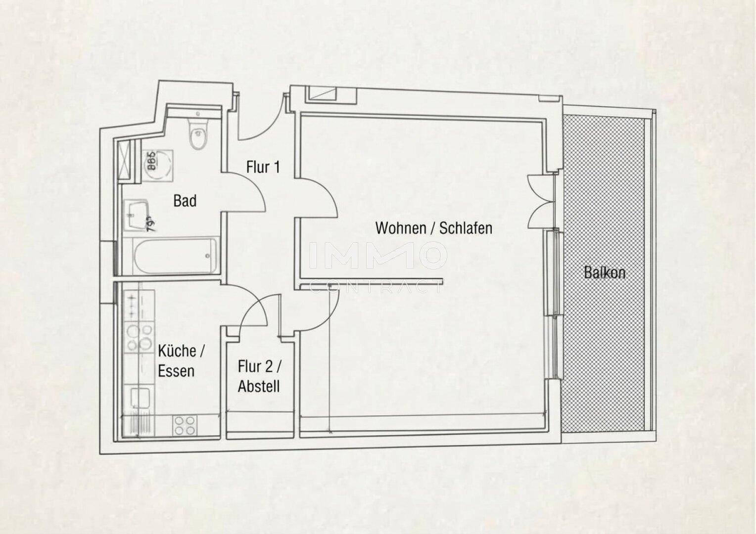 Grundriss einer Wohnung mit kombiniertem Wohn-/Schlafbereich, Küche mit Essplatz und Balkon.