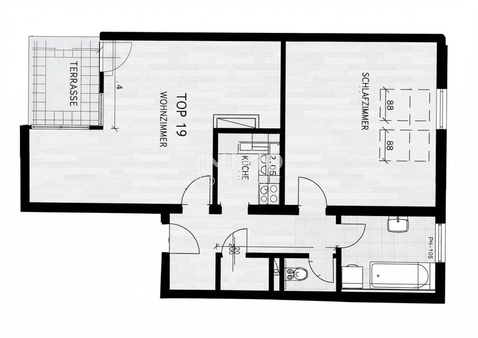 Grundriss mit Wohnzimmer, Schlafzimmer, Küche, Bad, separatem WC und Terrasse.
