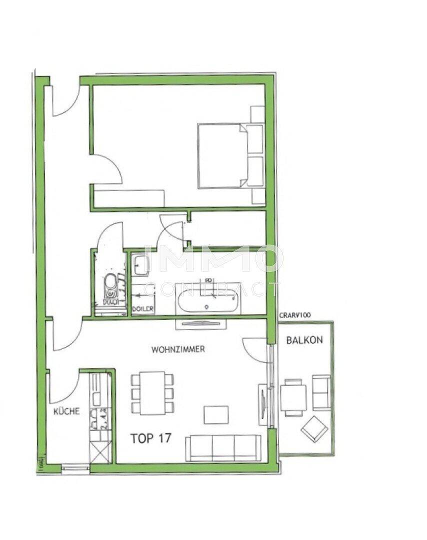 Grundriss der Wohnung Top 17 mit Schlafzimmer, Wohnzimmer, Küche und Balkon.