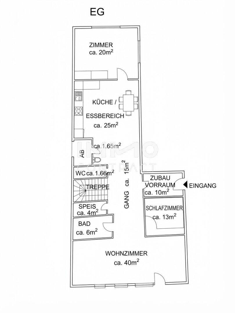 Grundriss des Erdgeschosses mit Wohnzimmer, Küche, Essbereich, Schlafzimmer und Bad.