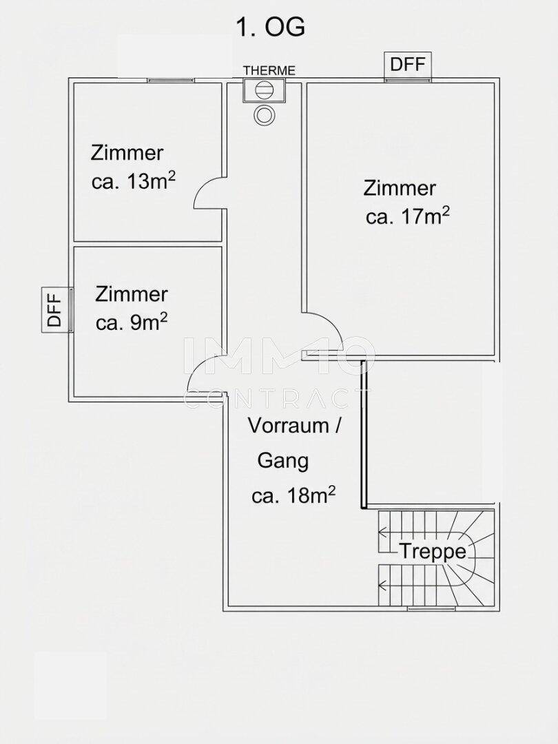 Grundriss des ersten Obergeschosses mit drei Zimmern und einem Vorraum.