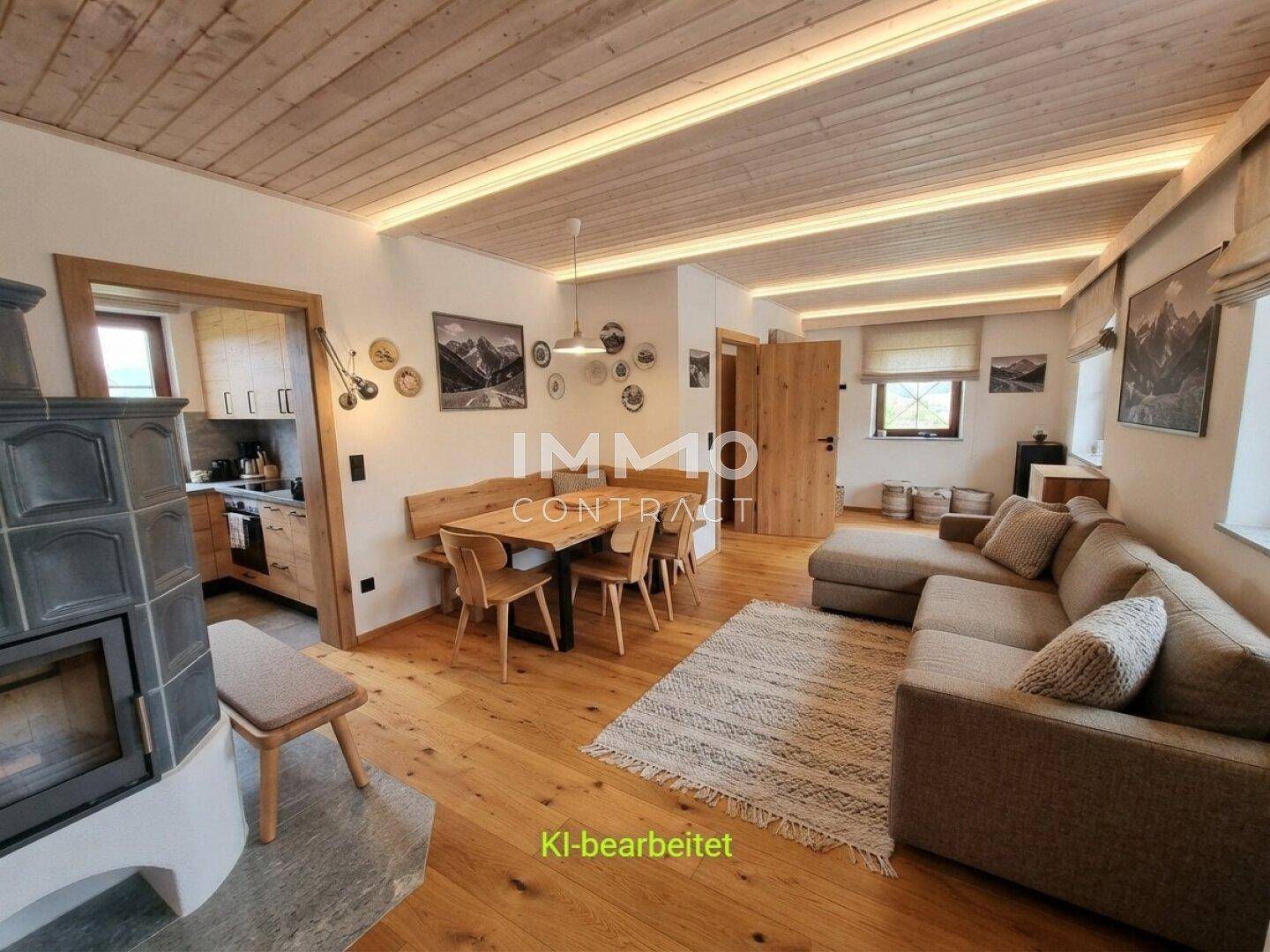 KI-bearbeiteter Wohn-Essbereich mit Holzboden, Kaminofen und indirekter Deckenbeleuchtung.
