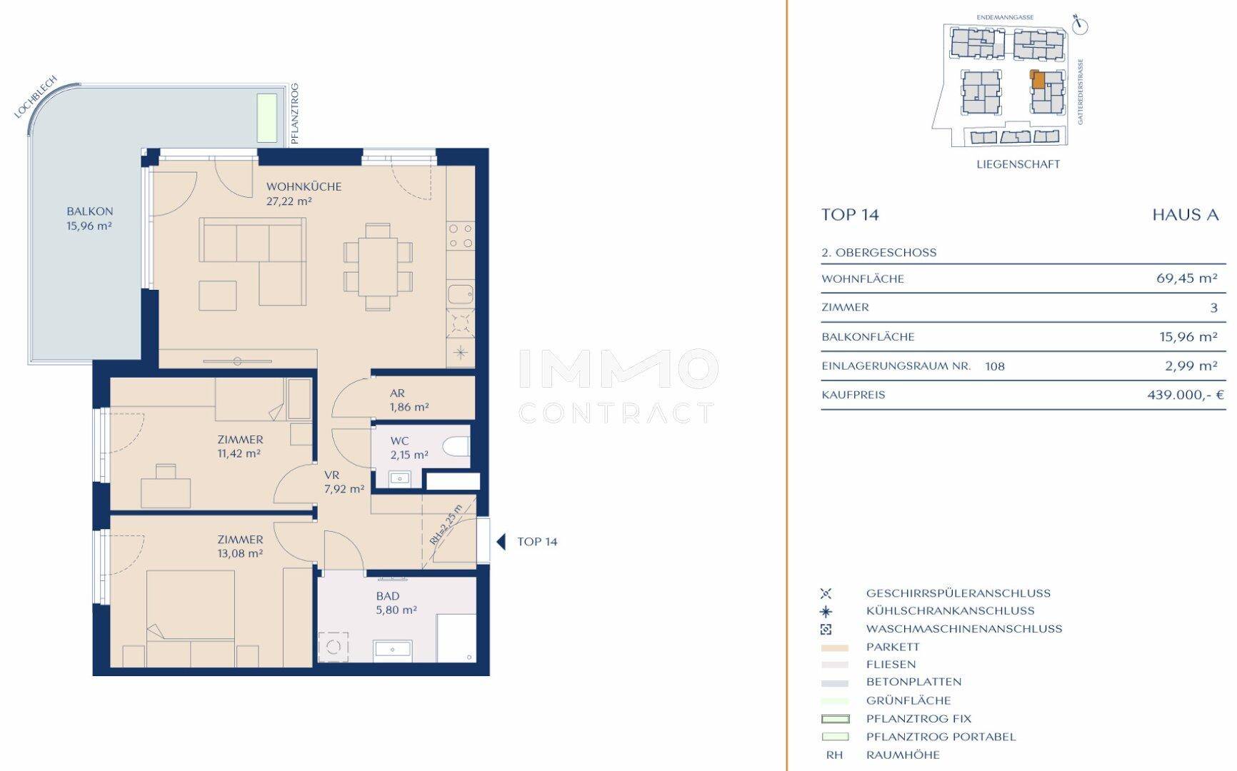 Grundriss der Wohnung Top 14 mit 3 Zimmern, Balkon und einer Wohnfläche von 69,45 m².