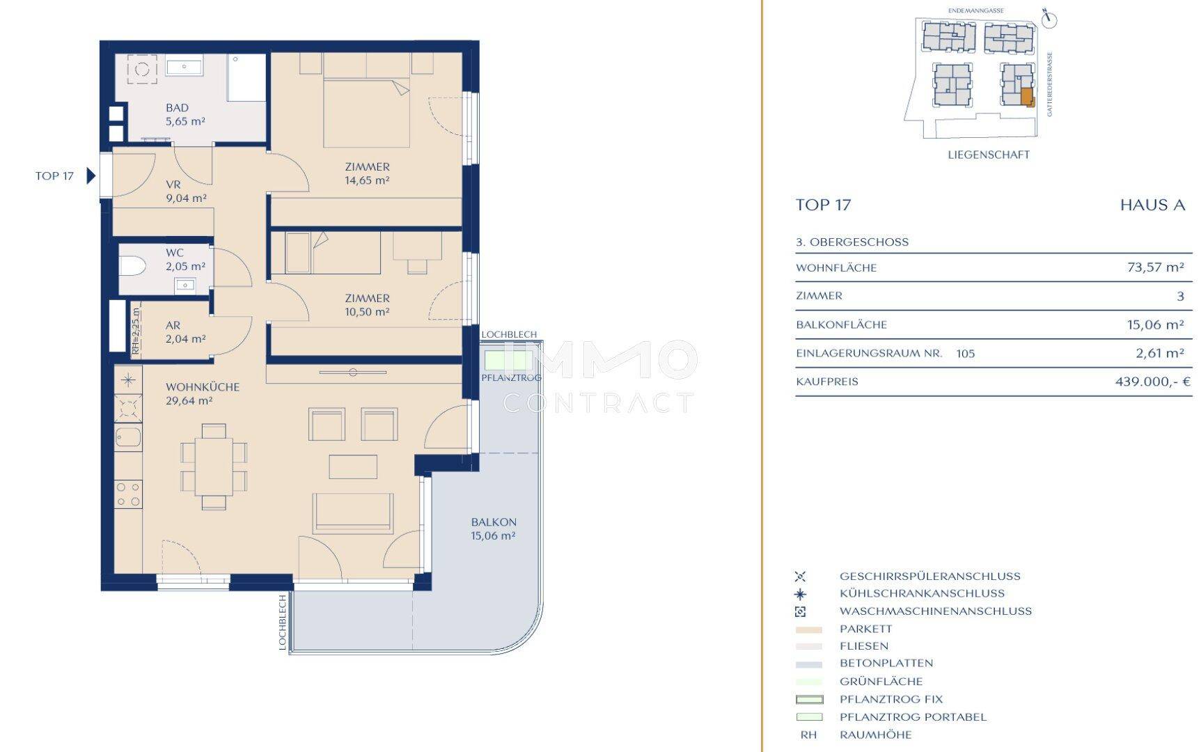Grundriss der Wohnung TOP 17 in Haus A mit drei Zimmern, offenem Wohnbereich und Balkon.