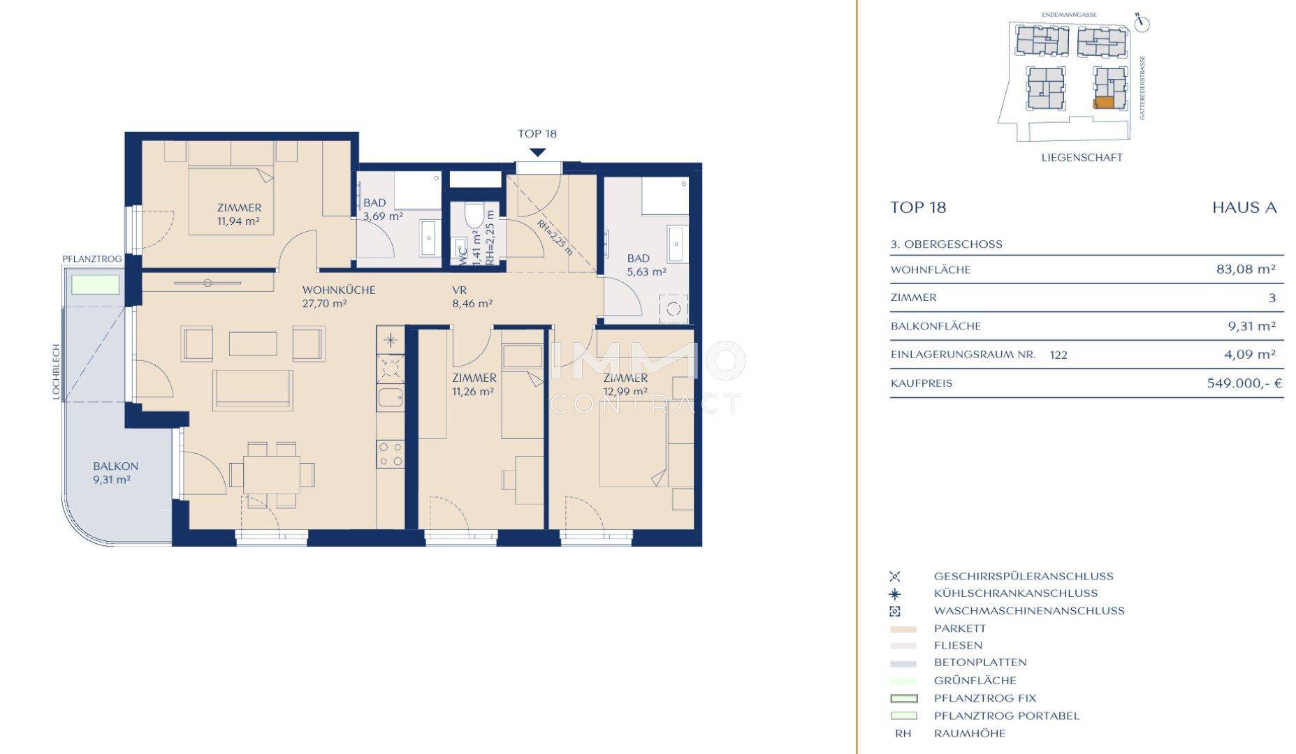 Detaillierter Grundriss einer Wohnung im ersten Obergeschoss mit drei Zimmern und Balkon.