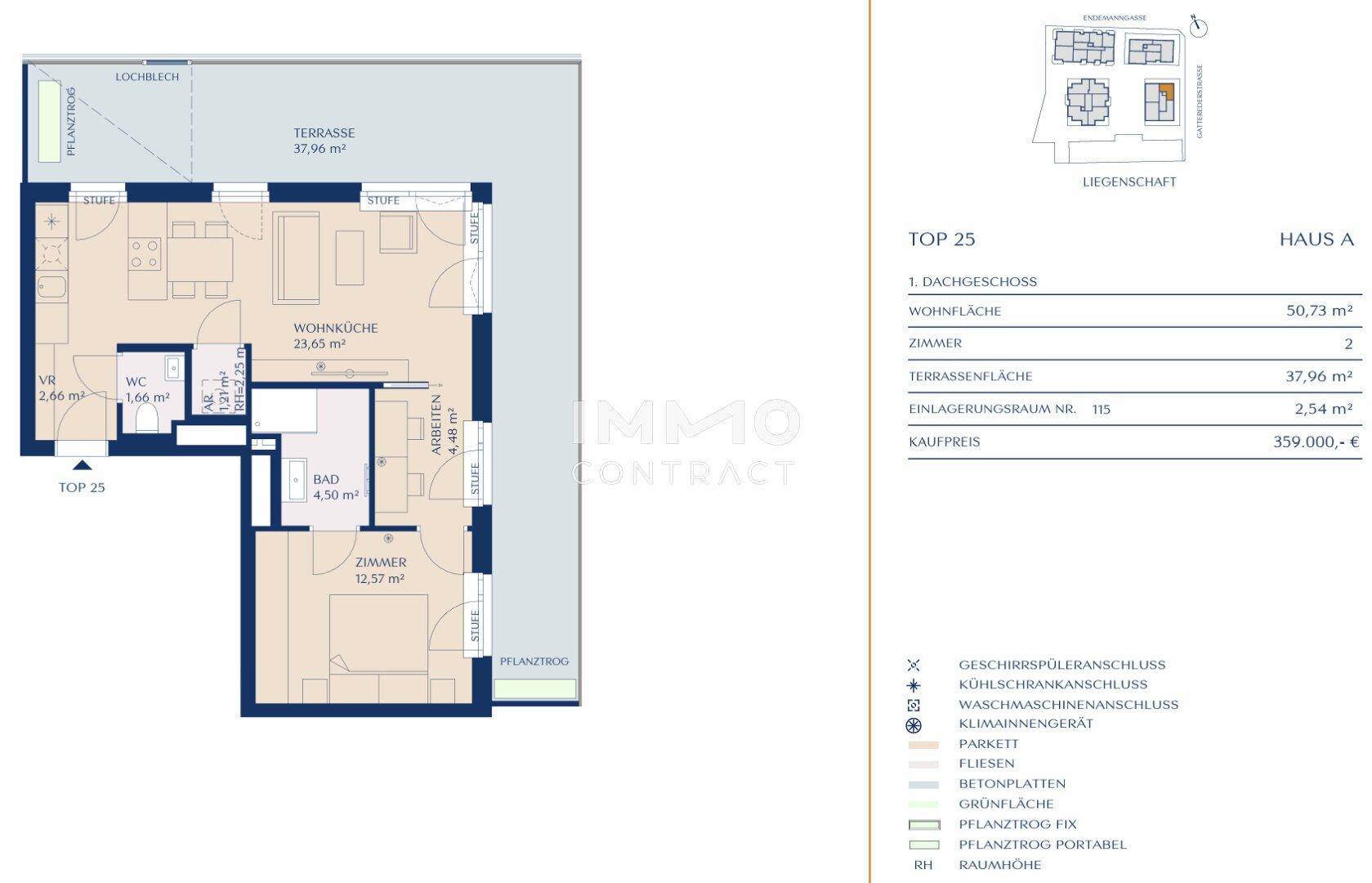 Detaillierter Grundriss einer Wohnung mit Wohnküche, Bad und Terrasse.
