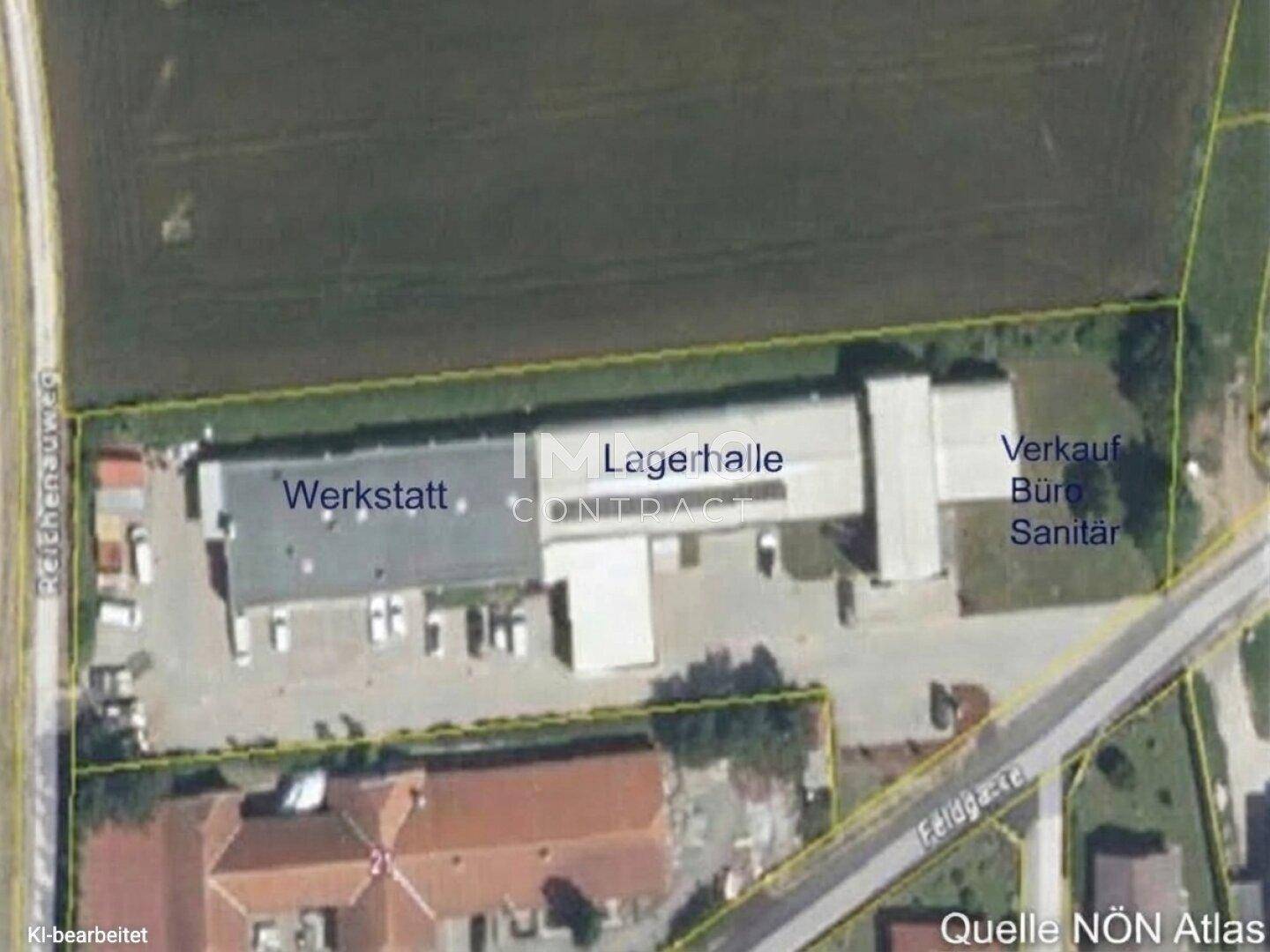 Luftaufnahme eines Gewerbeobjekts mit Werkstatt, Lagerhalle und Bürobereichen, umgeben von Feldern und Straßen.