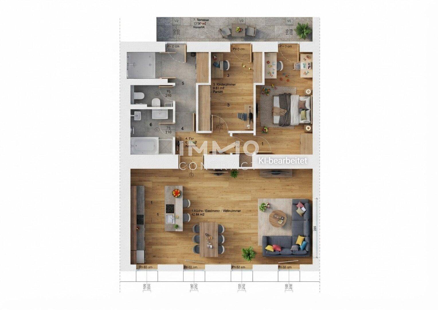 Moderner Grundriss mit offenem Wohn-Essbereich, drei Schlafzimmern, zwei Bädern und einer großzügigen Terrasse.