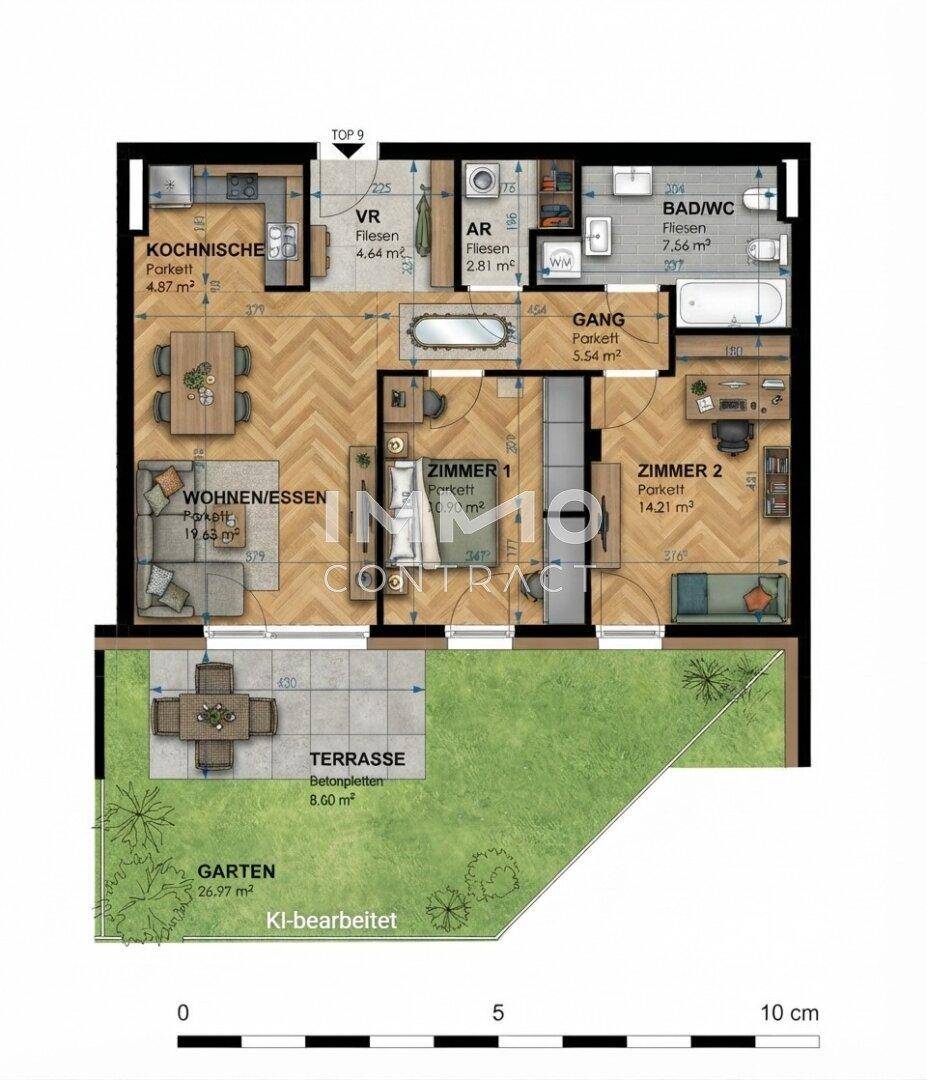 Grundriss einer modernen Wohnung mit offenem Wohn-Essbereich, zwei Schlafzimmern, Bad, Terrasse und privatem Garten.