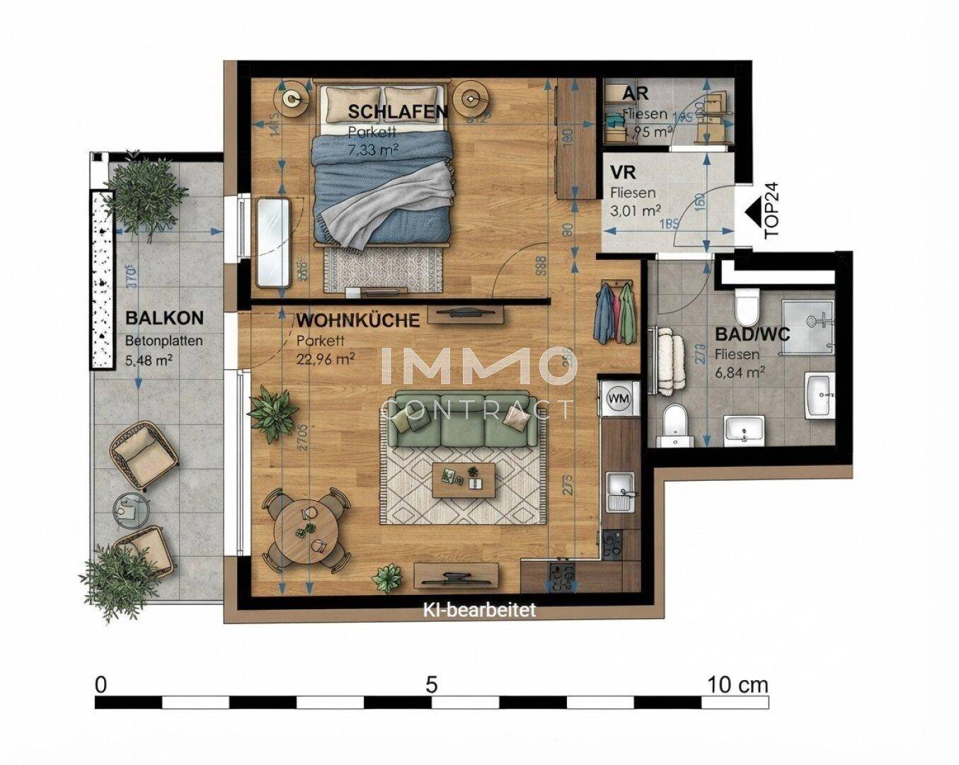 Grundriss einer Wohnung mit offenem Wohn- und Küchenbereich, Schlafzimmer, Bad und Balkon.
