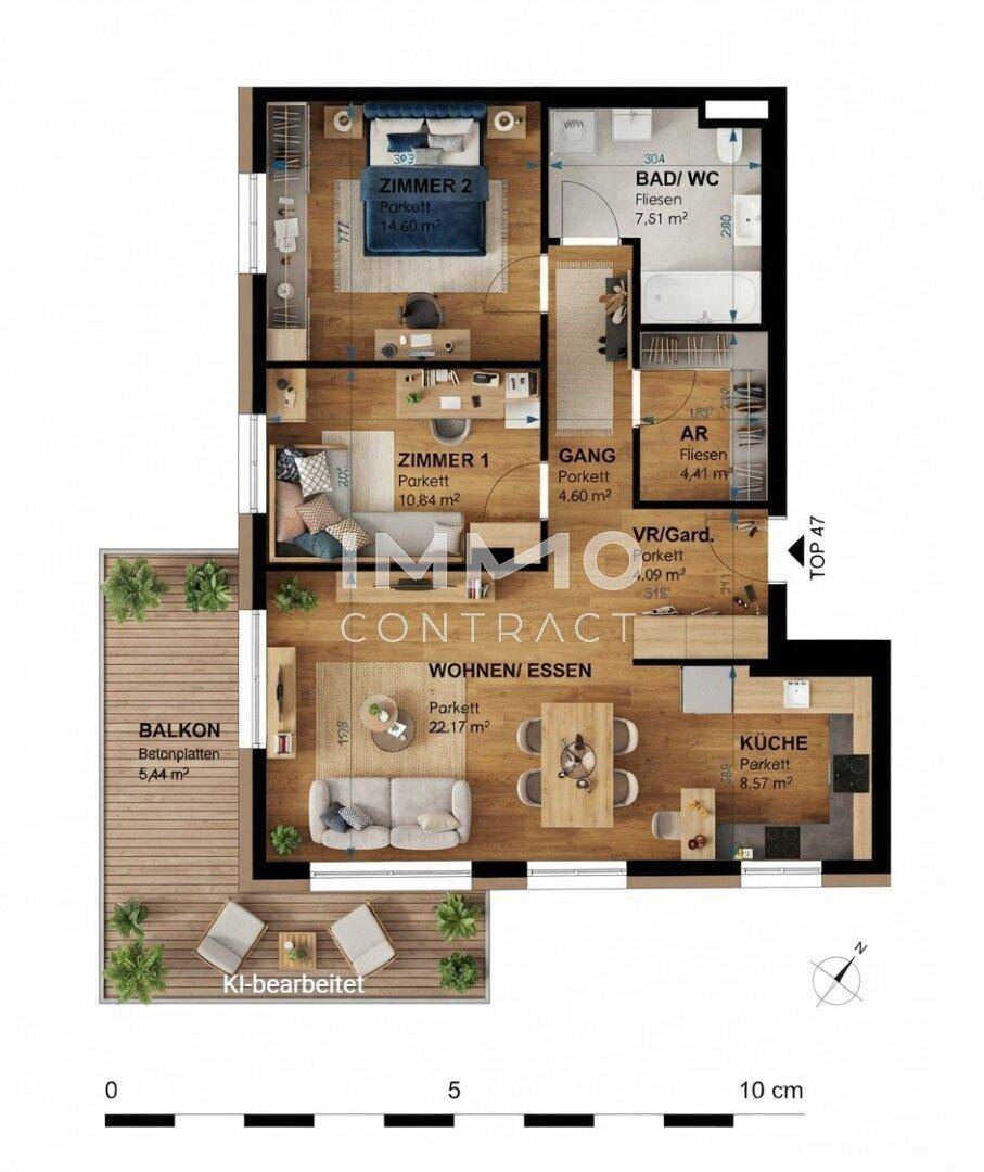 Detaillierter Grundriss einer Wohnung mit zwei Schlafzimmern, offenem Wohn-Essbereich und einem Balkon.