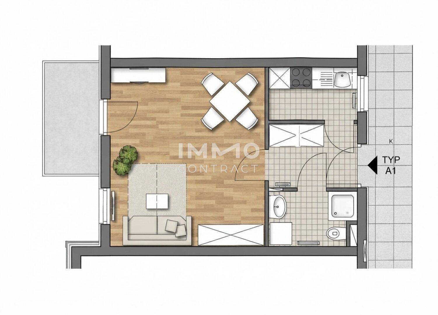 Grundriss einer Wohnung mit offenem Wohnbereich, Küche, Bad und Balkon.