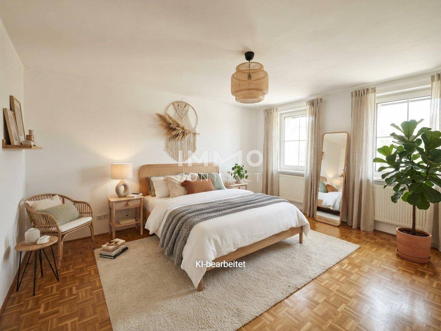 Gemütliches Schlafzimmer mit Parkettboden, großen Fenstern und moderner, heller Einrichtung.