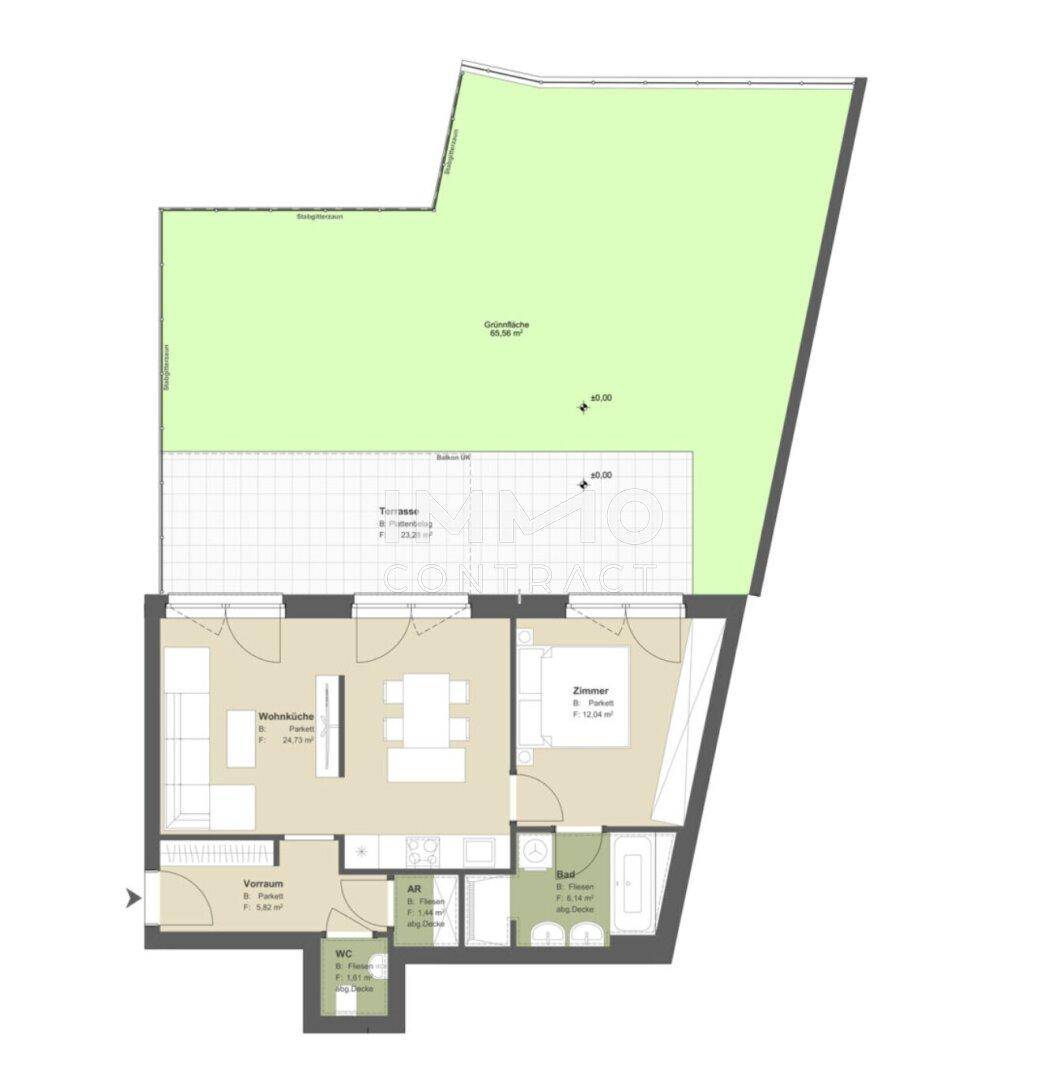 Grundriss einer Wohnung mit offener Wohnküche, Schlafzimmer, Bad, WC, Terrasse und Garten.