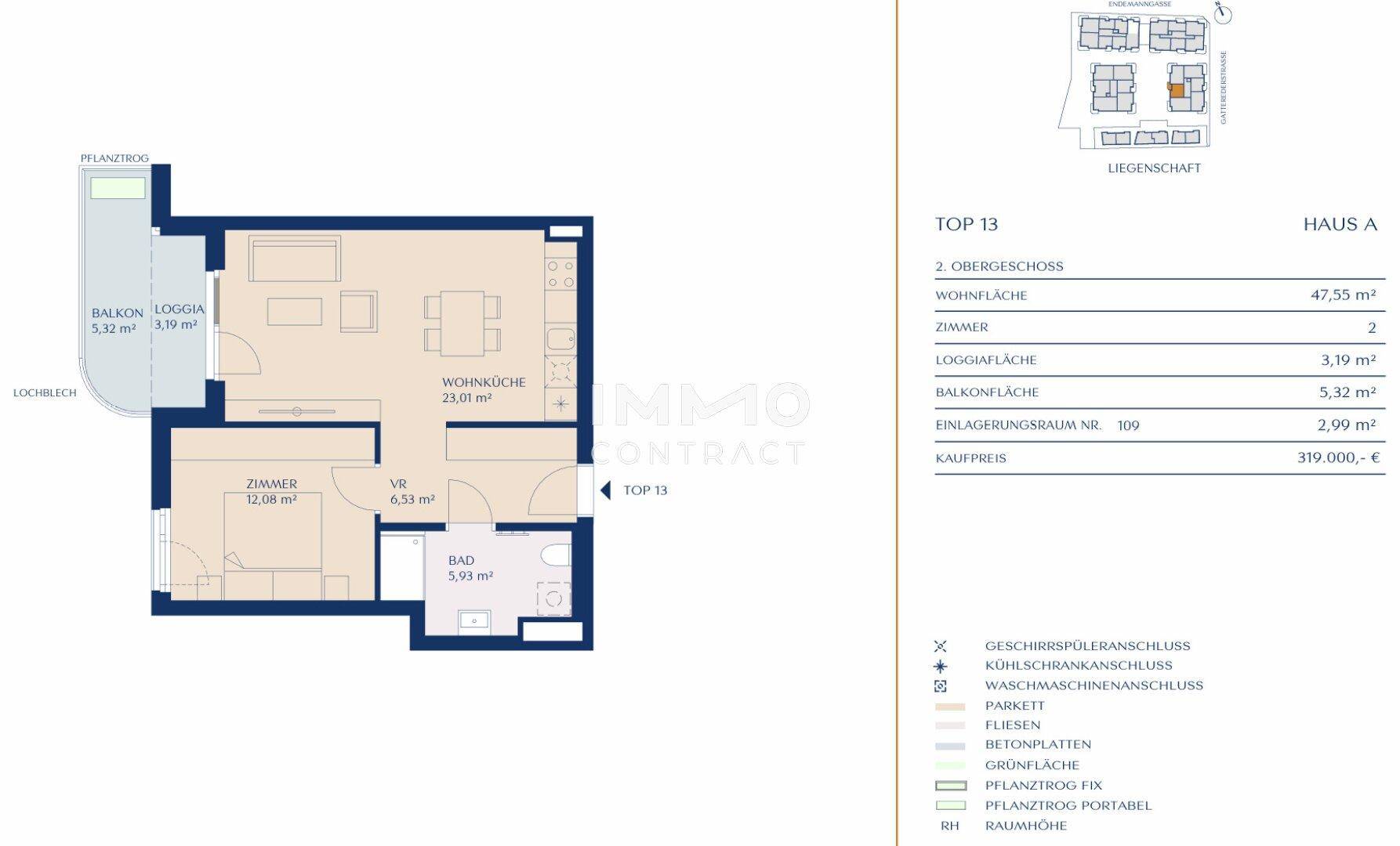 Grundriss einer Wohnung im 2. Obergeschoss mit Balkon und Loggia.