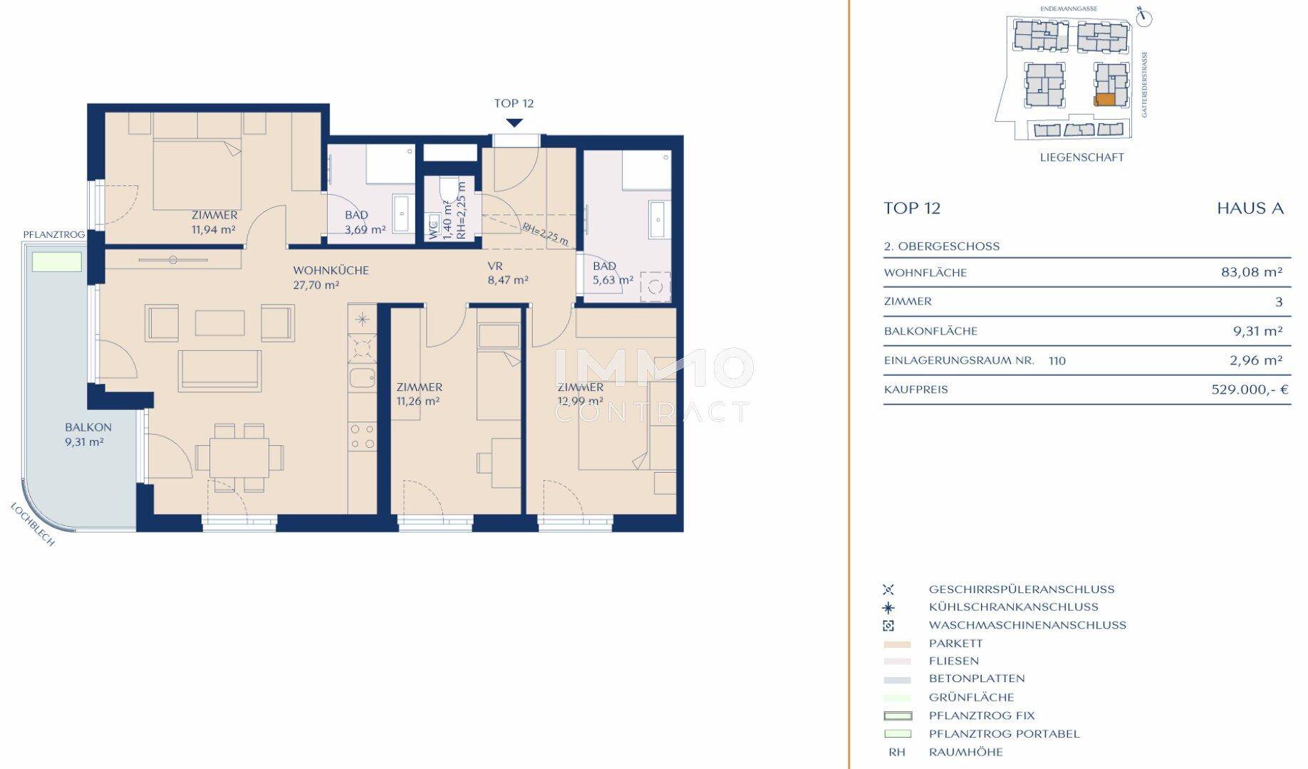 Grundriss der Wohnung Top 12 mit drei Zimmern und Balkon auf 83,08 m² Wohnfläche.