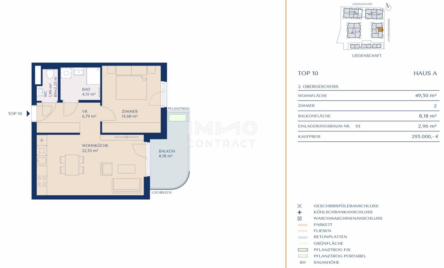 Grundriss einer 2-Zimmer-Wohnung mit Wohnküche, Schlafzimmer, Bad und Balkon.