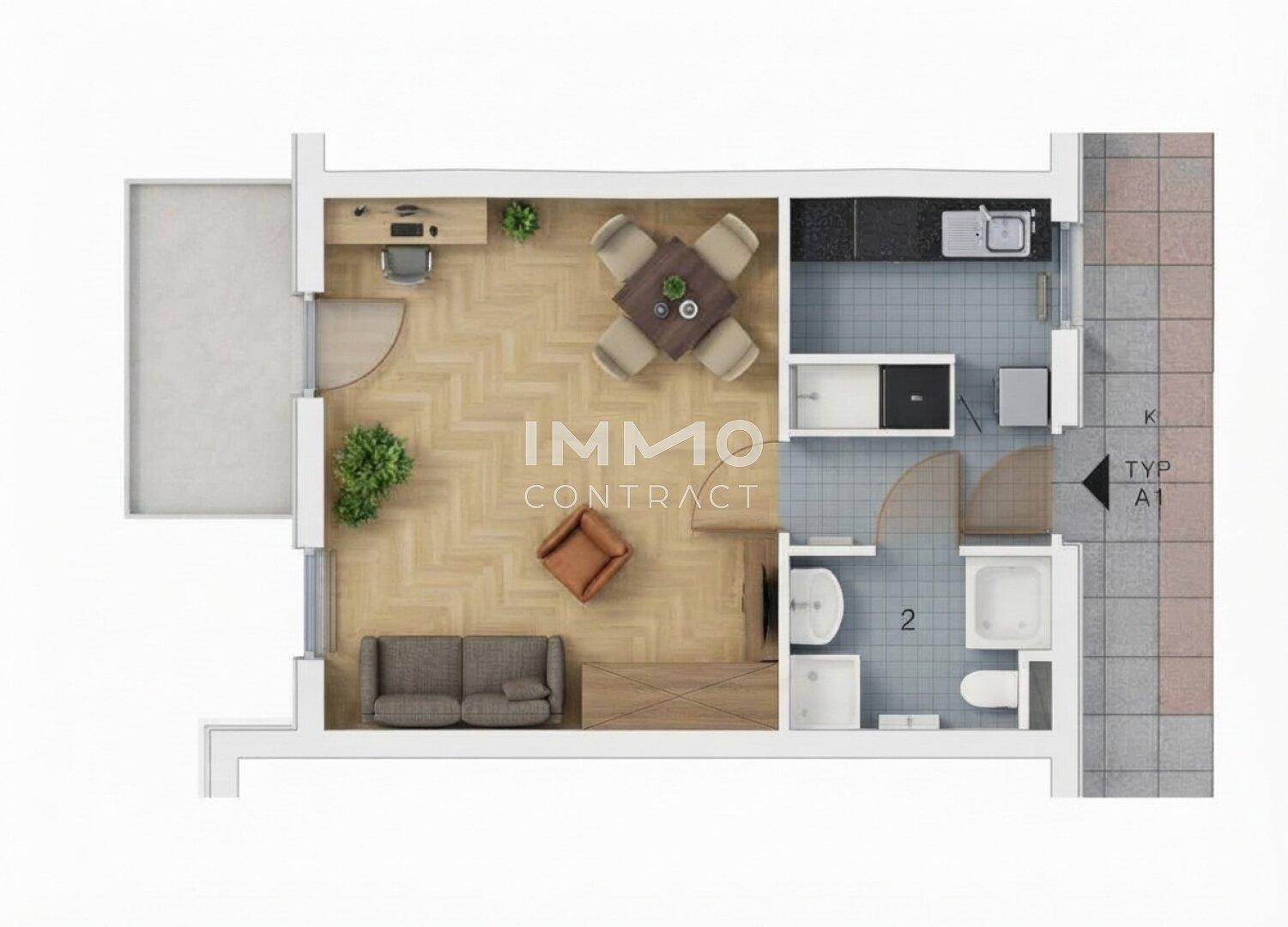 Grundriss einer modernen Wohnung mit offenem Wohnbereich, separater Küche, Bad und Balkon.