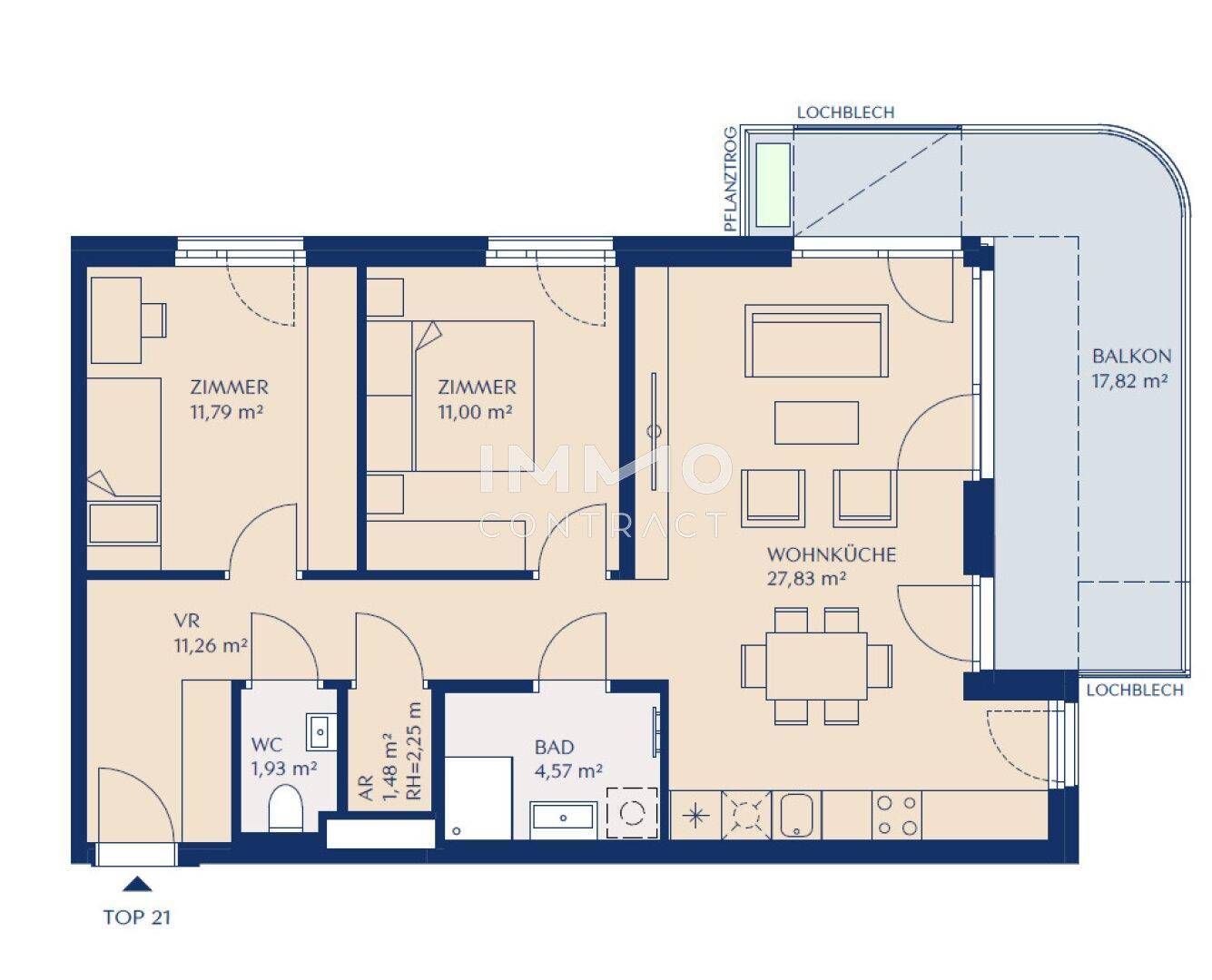 Grundriss einer Wohnung mit zwei Zimmern, Wohnküche, Bad, WC und großem Balkon.