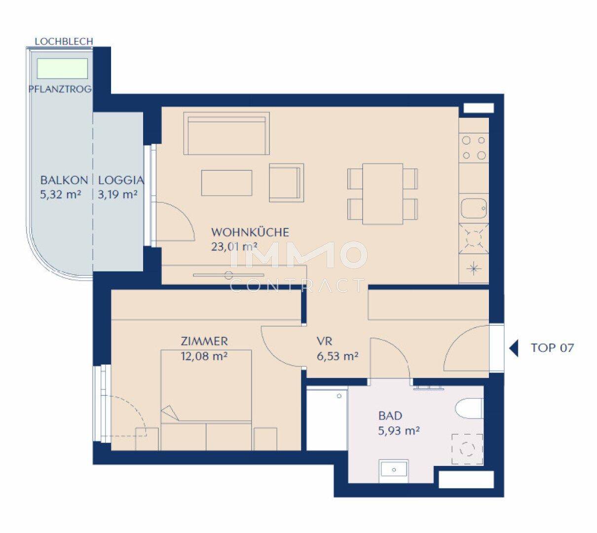 Grundriss einer Wohnung mit offener Wohnküche, Schlafzimmer, Bad und Zugang zu Balkon und Loggia.