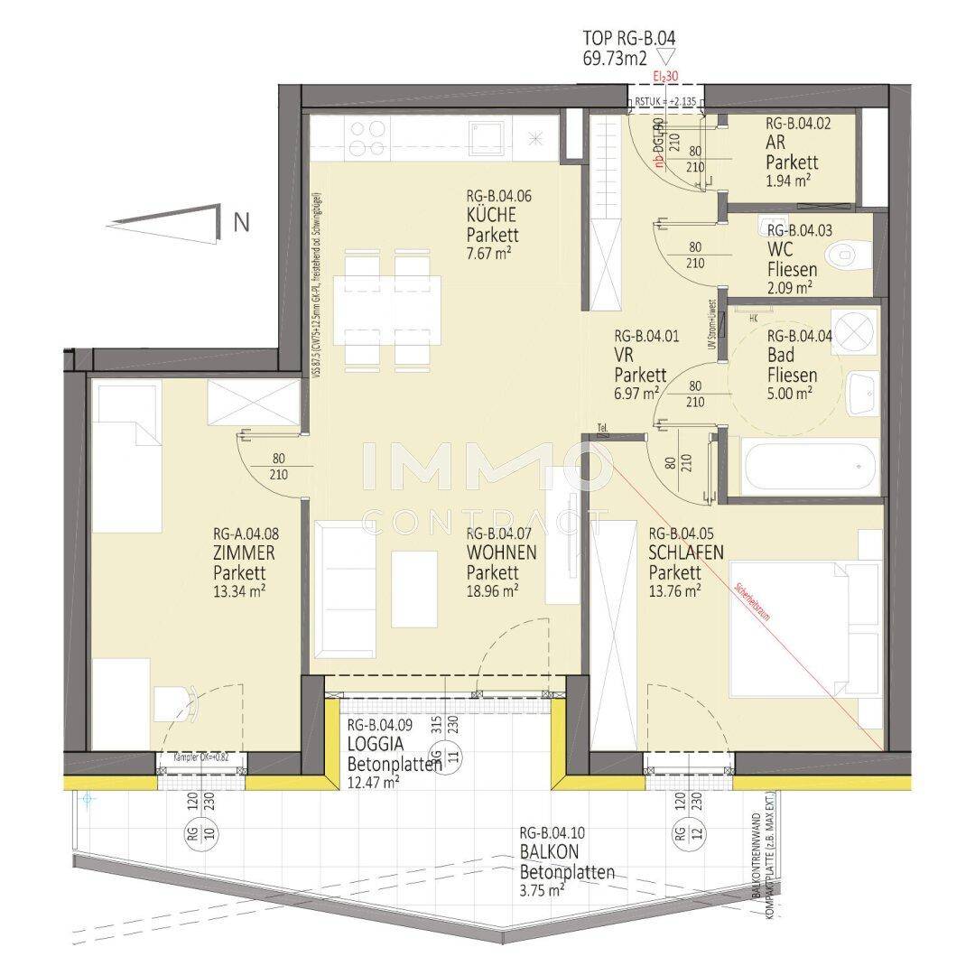 Grundriss einer Wohnung mit 69.73m², inklusive Küche, Wohnzimmer, Schlafzimmer, Bad, WC, Loggia und Balkon.