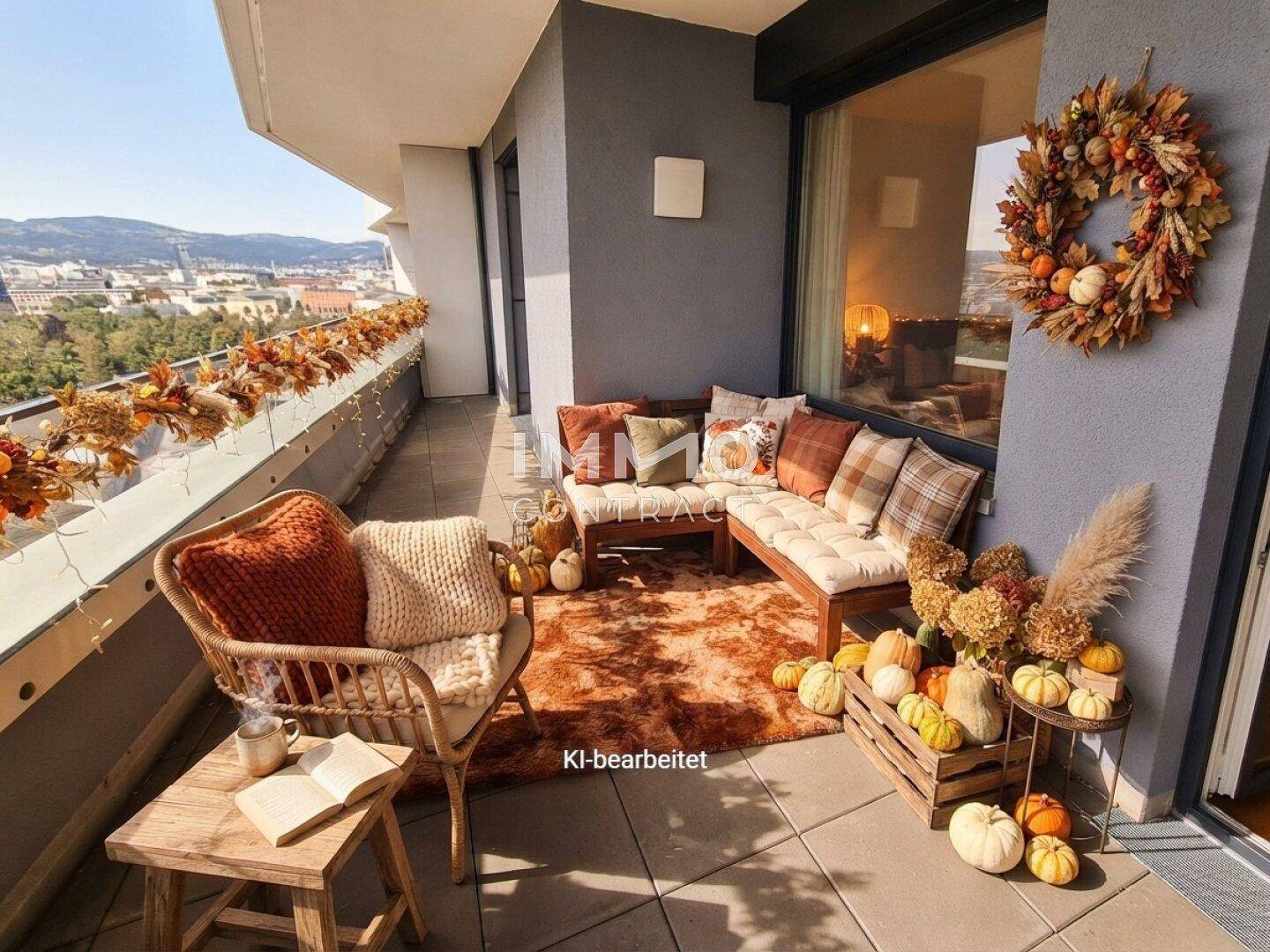 Gemütlicher Balkon mit Sitzgelegenheiten und herbstlicher Dekoration, bietet einen weiten Stadtblick.