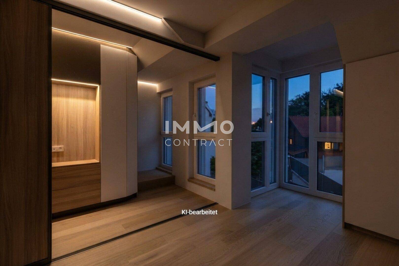 Heller Raum mit Holzfußboden, Einbauschrank und mehreren Fenstern mit Ausblick.