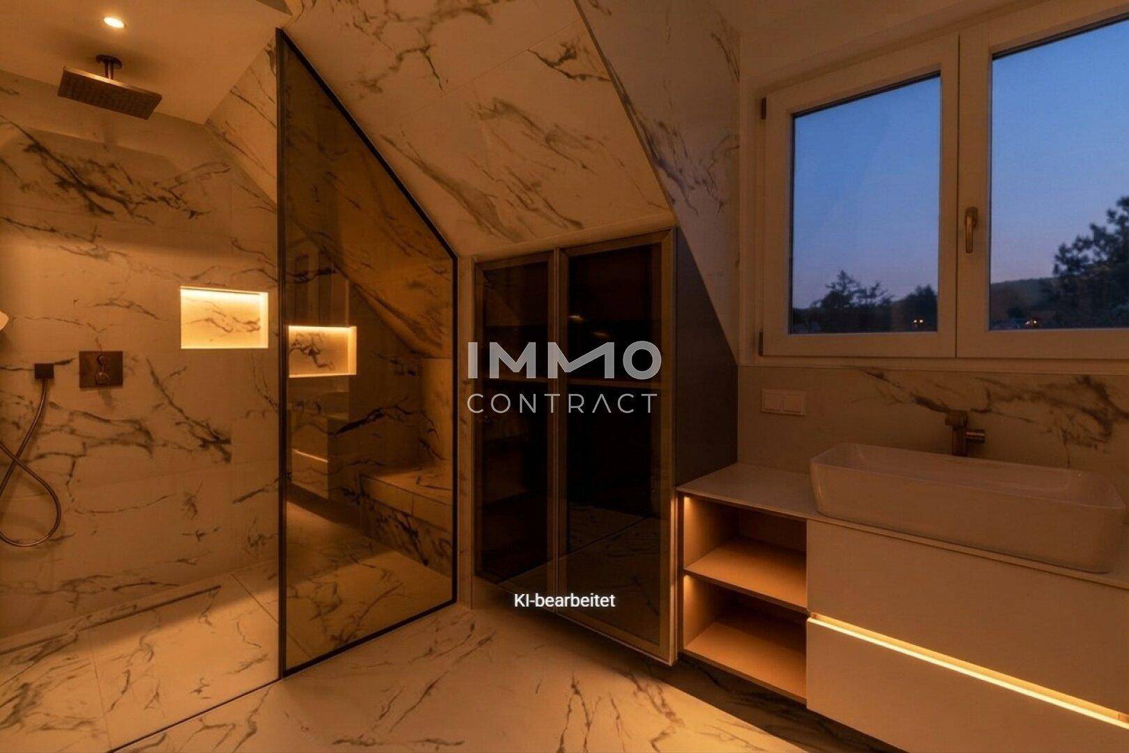 Modernes Badezimmer mit Marmoroptik-Fliesen, Dusche, Sauna, Waschtisch und Fenster.