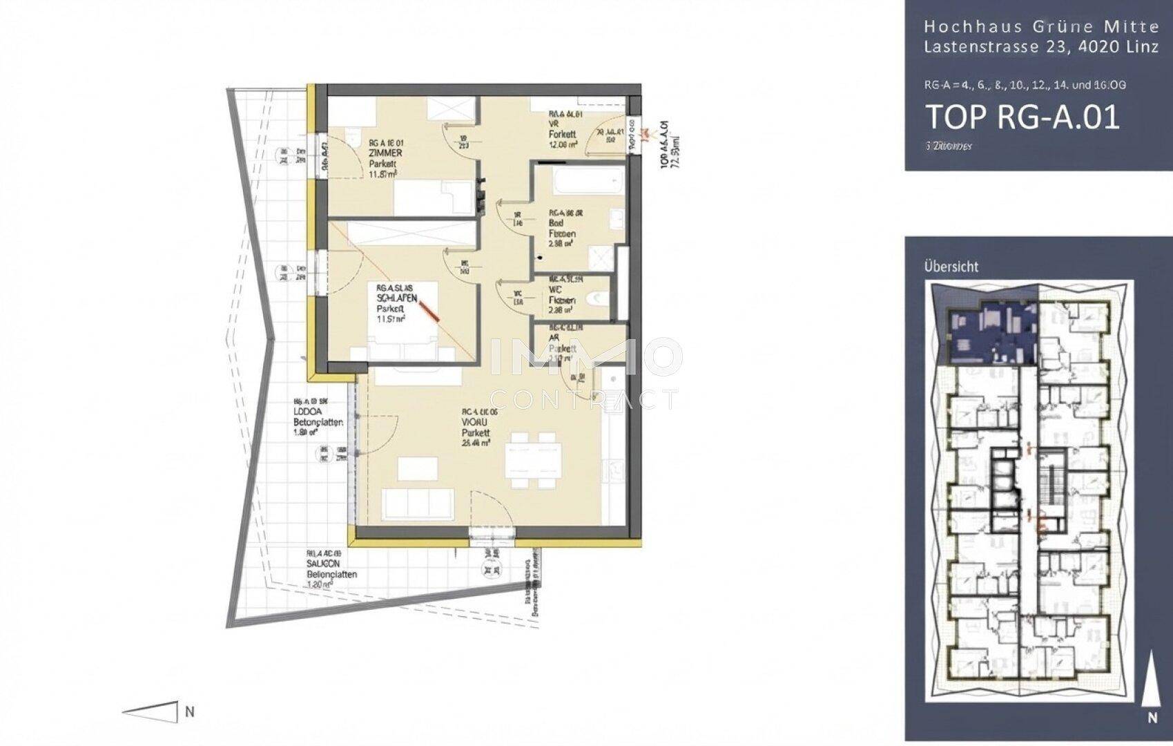 Grundriss einer Wohnung mit offenem Wohn-Essbereich, zwei Schlafzimmern, Bad, separatem WC, Loggia und Balkon.
