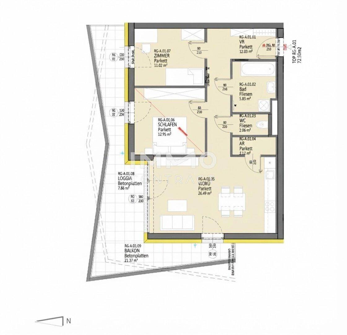 Grundriss einer Wohnung mit offenem Wohn-Essbereich, zwei Schlafzimmern, Bad, separatem WC, Loggia und Balkon.