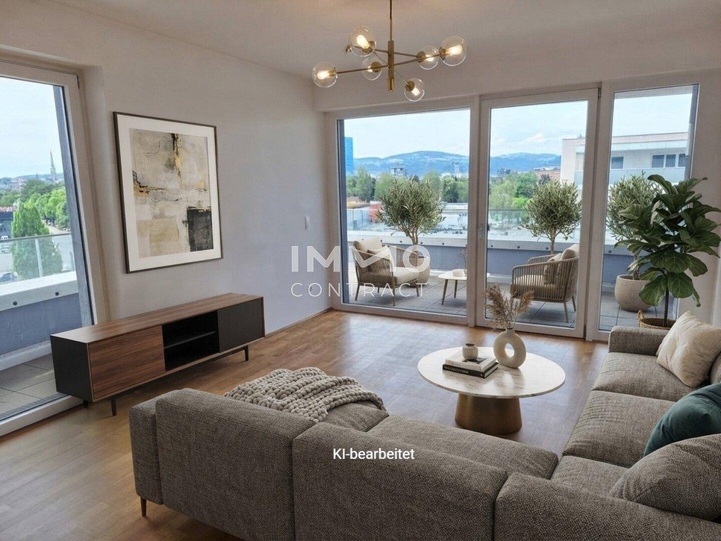 Helles Wohnzimmer mit modernen Möbeln, großen Fenstern und Zugang zu einer Terrasse mit Stadtblick.