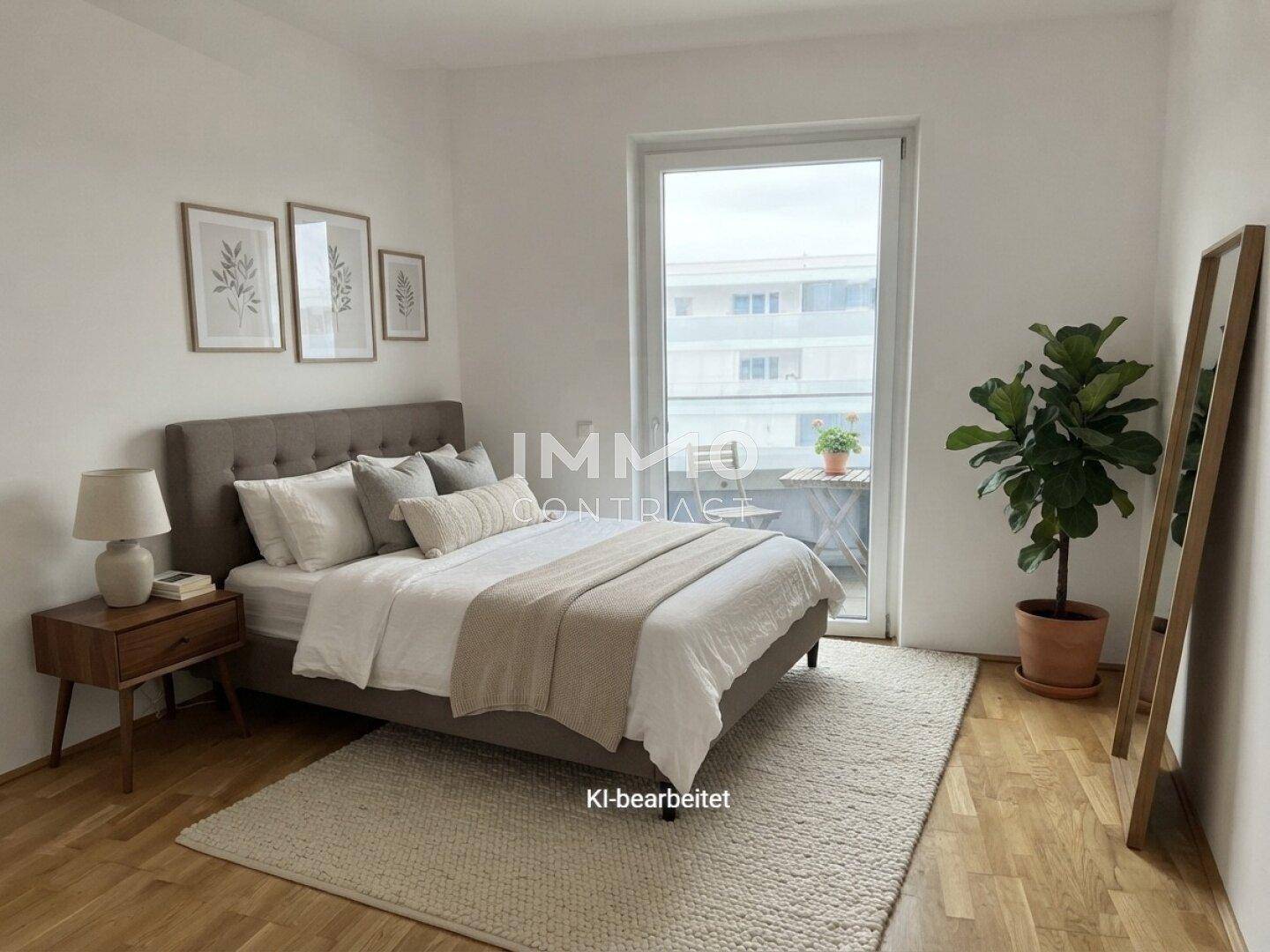 Gemütliches Schlafzimmer mit Doppelbett, Holzboden und direktem Zugang zu einem kleinen Balkon.