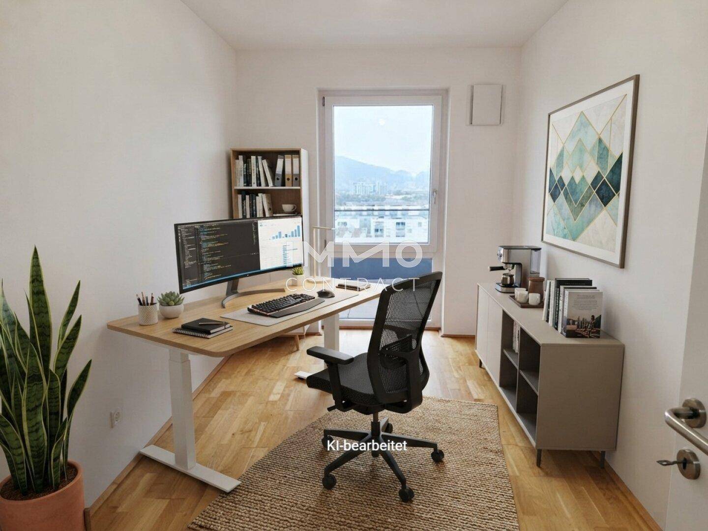 Modern eingerichtetes Büro mit Schreibtisch, Bürostuhl und Zugang zu einem Balkon.