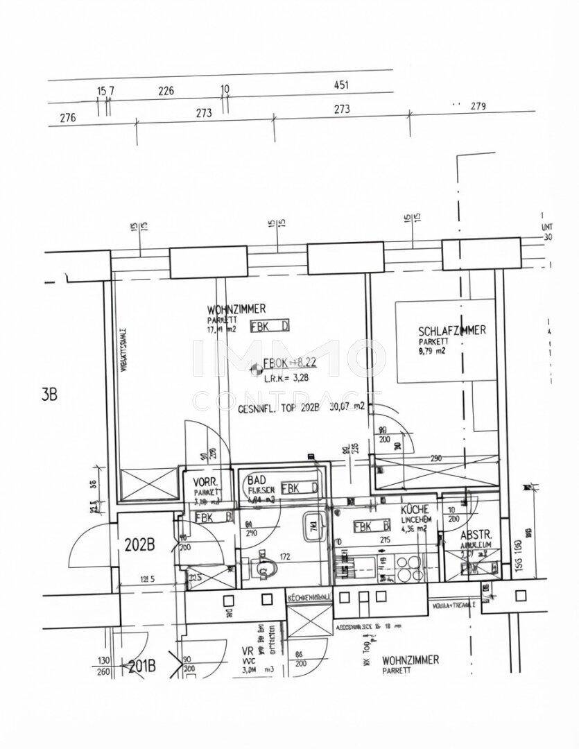 Grundriss einer Wohnung mit Wohnzimmer, Schlafzimmer, Küche und Bad.