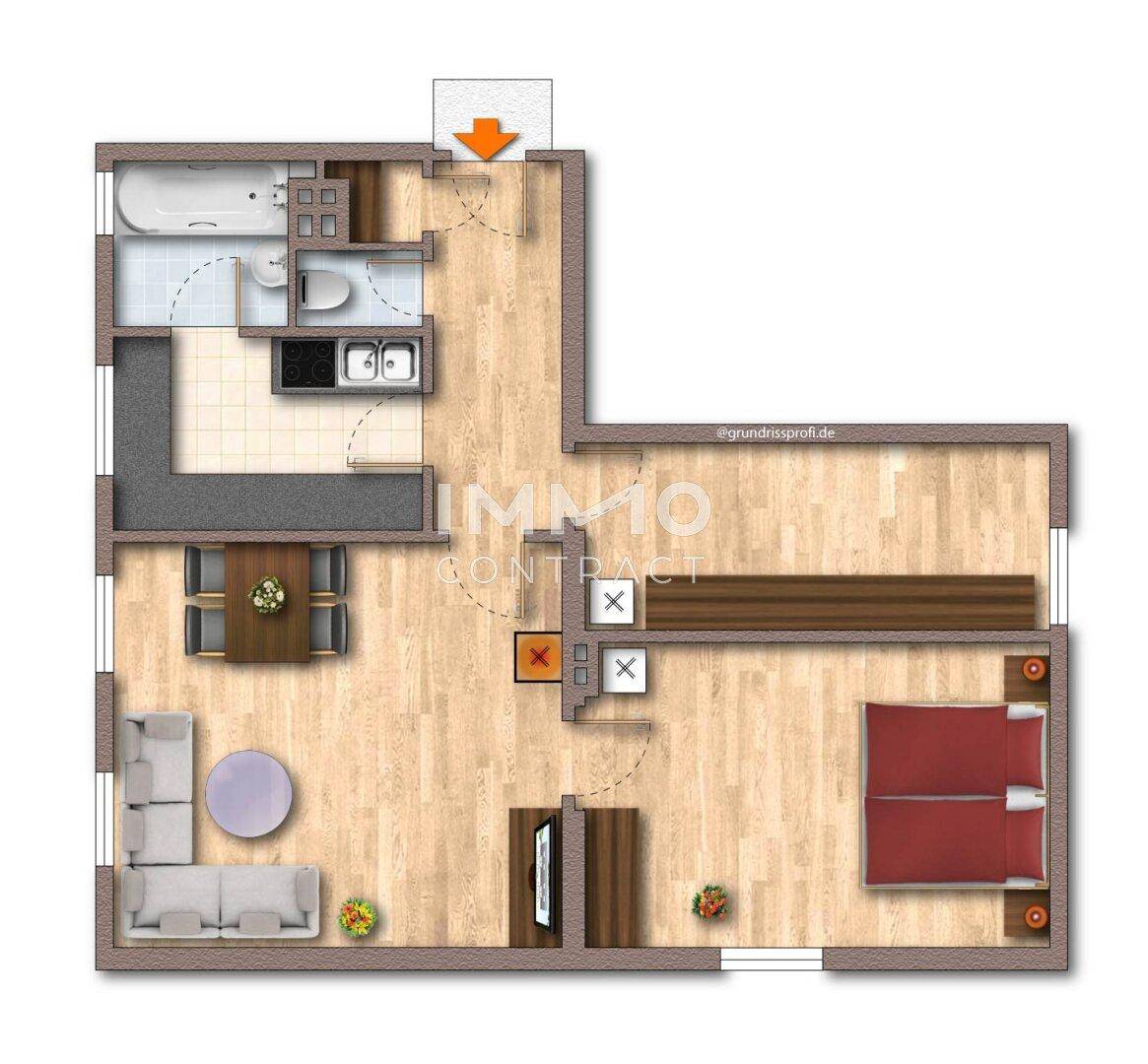 Detaillierter Grundriss einer Wohnung mit offenem Wohn-Essbereich, Schlafzimmer und Badezimmer.
