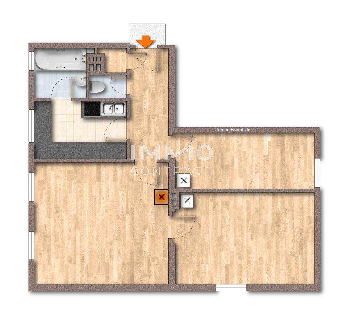 Detaillierter Grundriss einer Wohnung mit offenem Wohn-Essbereich, Schlafzimmer und Badezimmer.