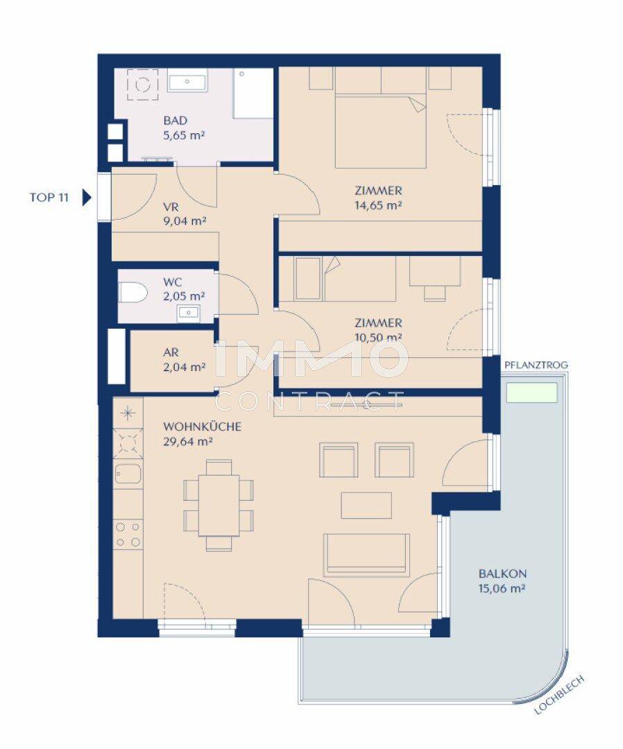 Grundriss einer Wohnung mit Wohnküche, zwei Zimmern, Bad, WC und Balkon.