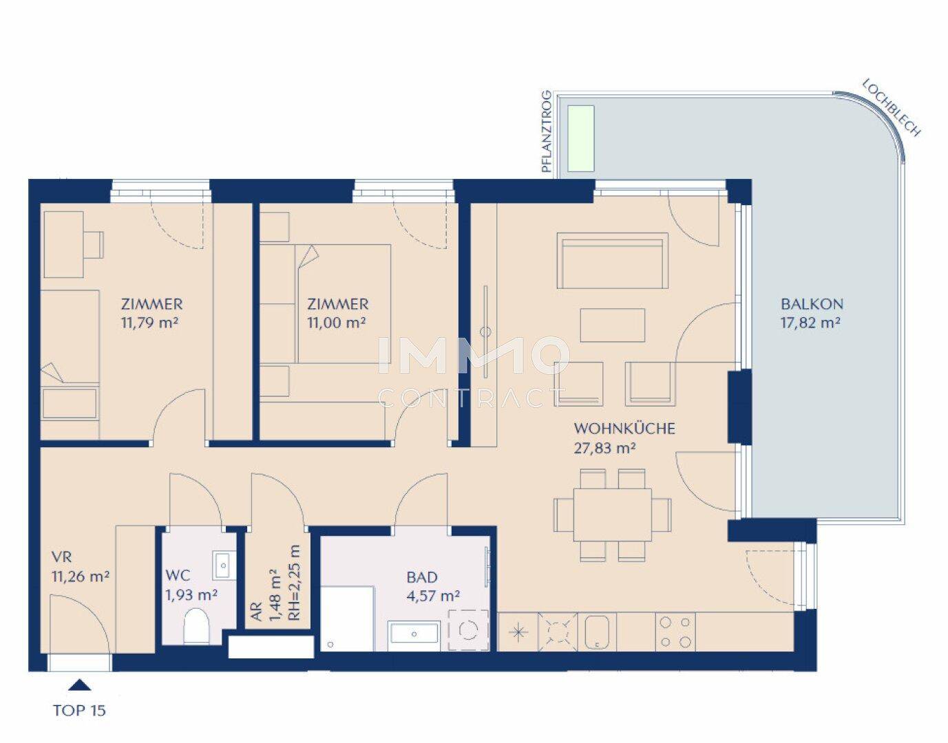 Grundriss einer Wohnung mit zwei Schlafzimmern, Wohnküche und großem Balkon.