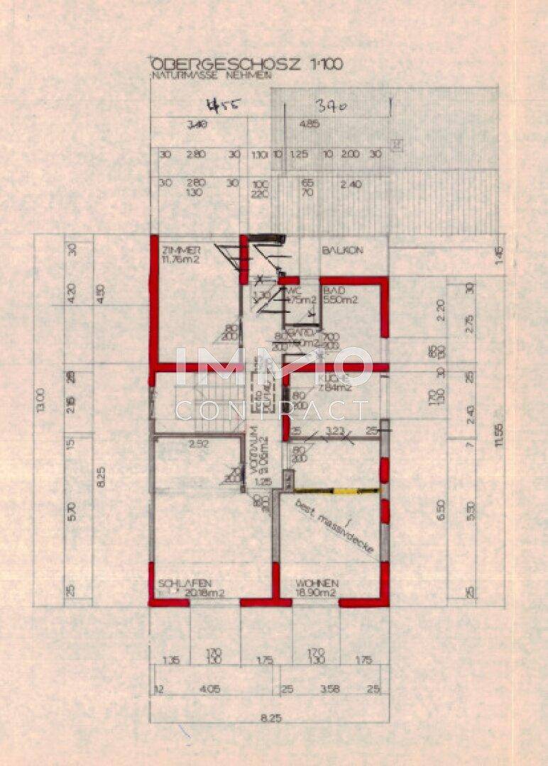 Grundriss des Obergeschosses mit Zimmern, Bad und Balkon, Maßstab 1:100.