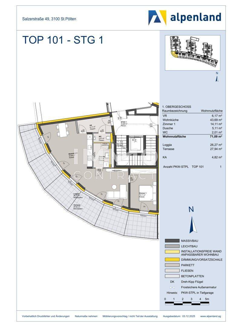 Detaillierter Grundriss der Wohnung TOP 101 mit Loggia und Terrasse.