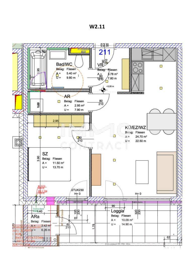 Detaillierter Grundriss der Wohnung mit Raumaufteilung und Loggia.