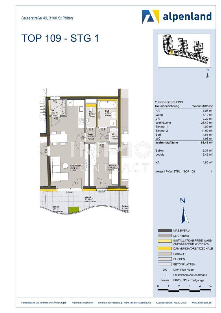 Detaillierter Grundriss der Wohnung TOP 109 mit Raumaufteilung und Flächenangaben.