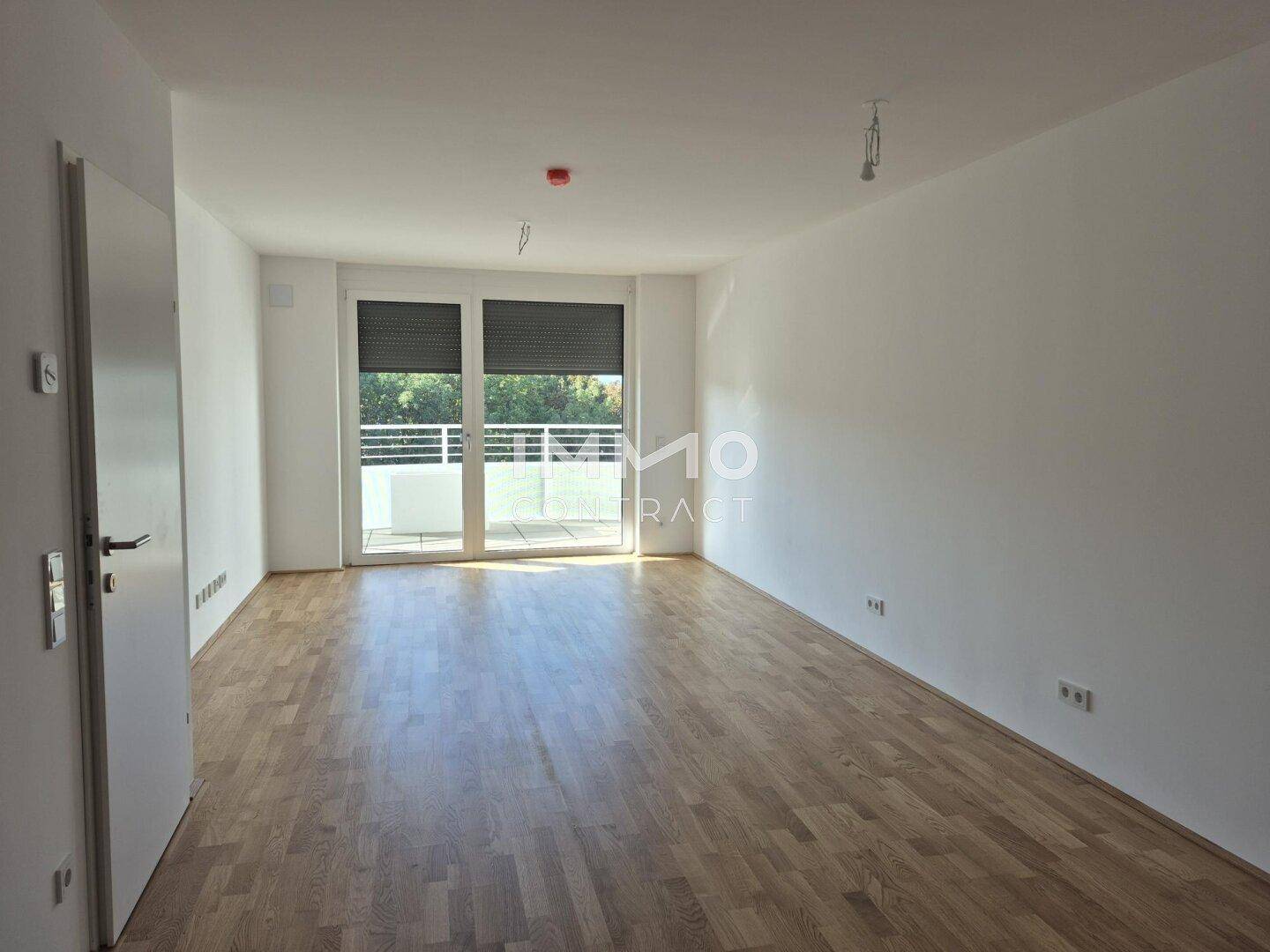 Heller, leerer Wohnraum mit Parkettboden und Zugang zu einem Balkon.