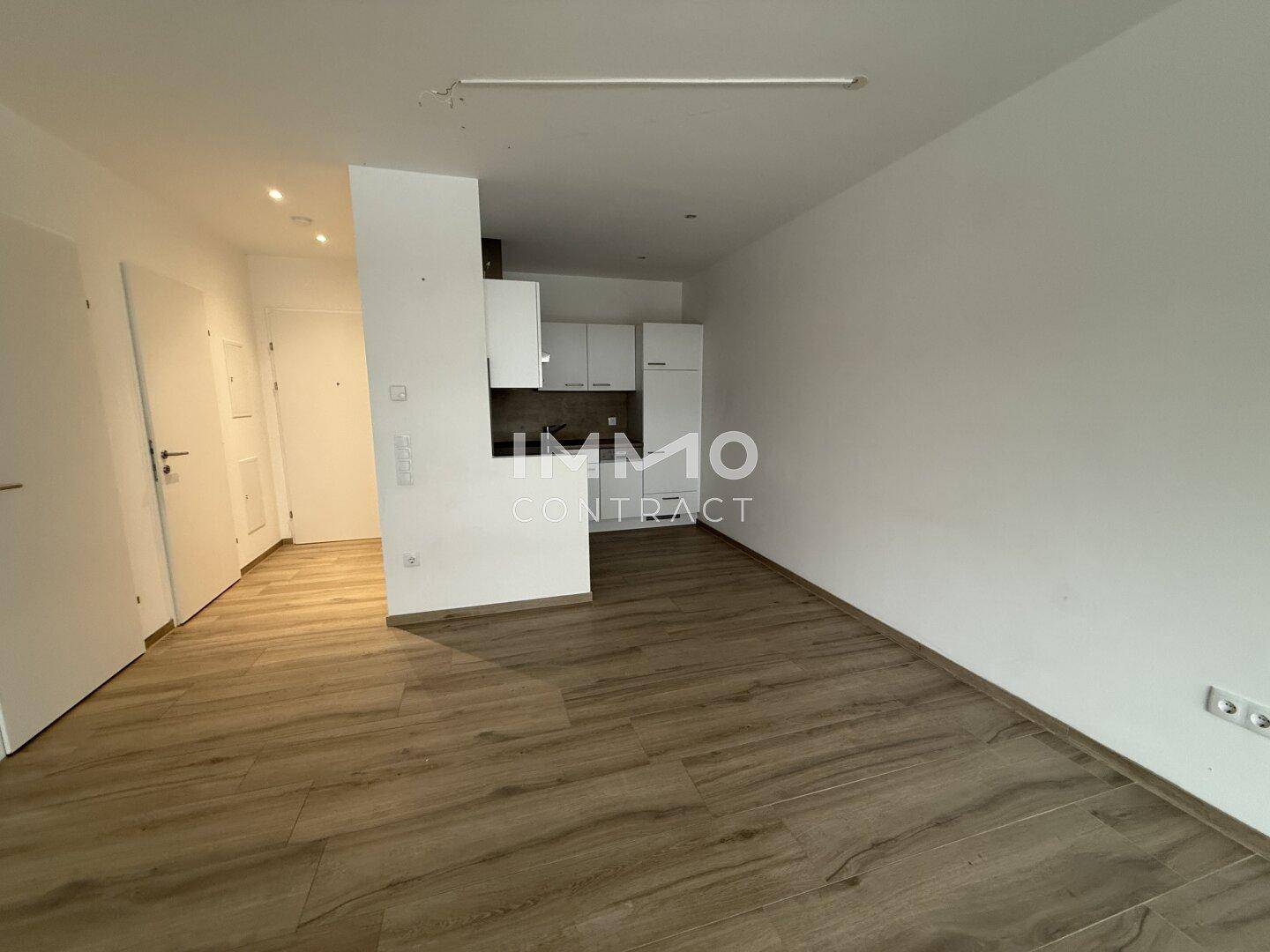 Geräumiger offener Wohnbereich mit Holzboden und Blick auf die integrierte Küche.