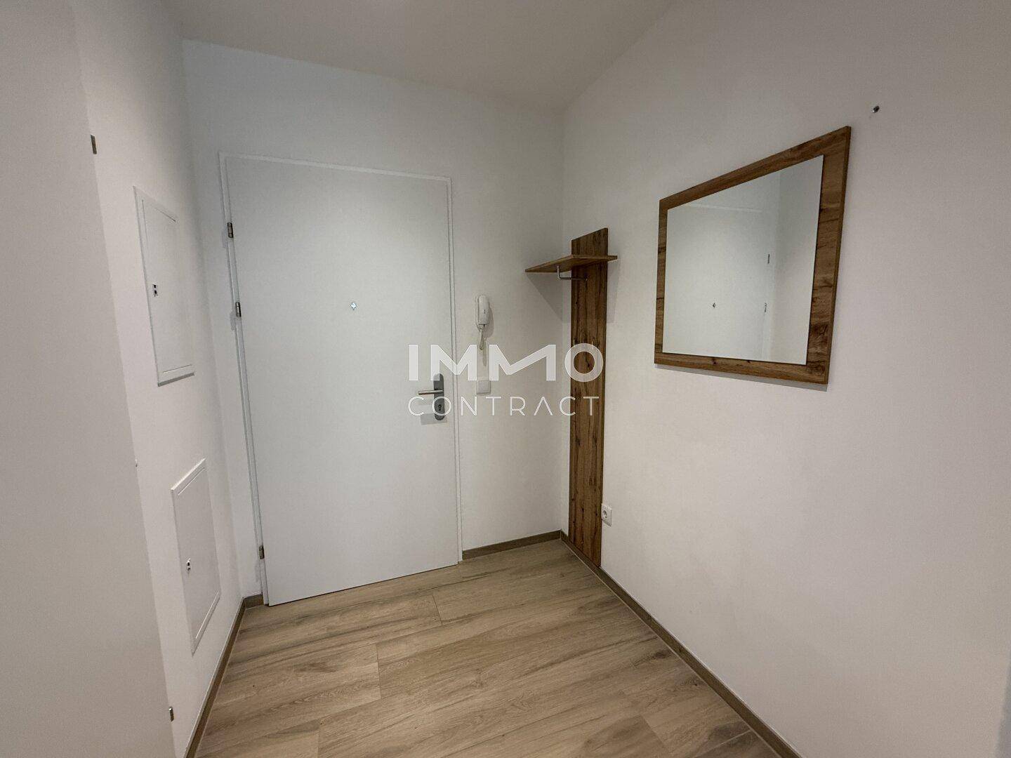 Heller Eingangsbereich mit Holzboden, weißer Tür und einem Spiegel an der Wand.