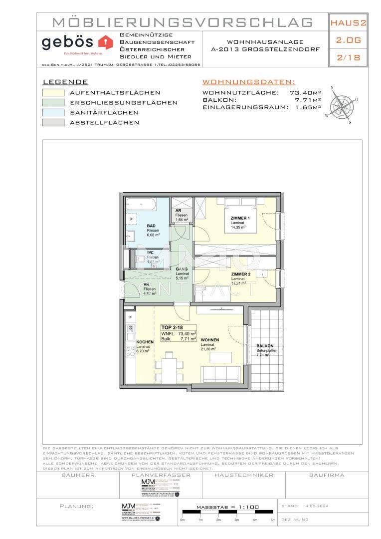 Grundrissvorschlag für eine Wohnung mit zwei Schlafzimmern, Balkon und Abstellraum.
