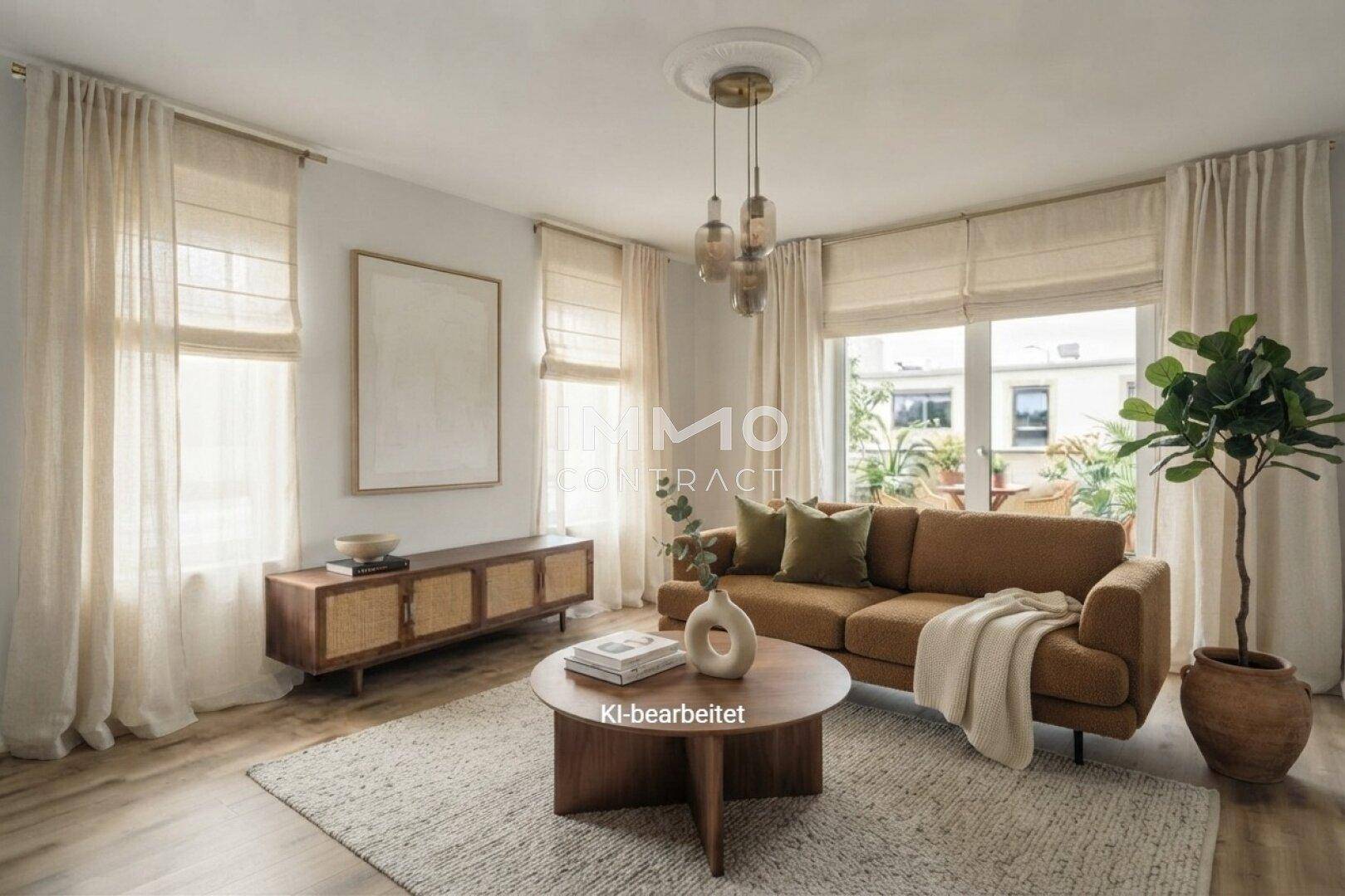 Helles Wohnzimmer mit modernem Sofa, Holzboden und Zugang zu einem Außenbereich.
