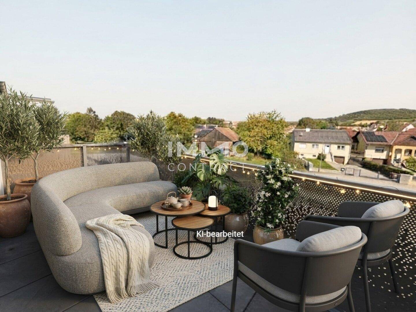 Großzügige Dachterrasse mit bequemen Sitzgelegenheiten und weitem Blick über die Umgebung.