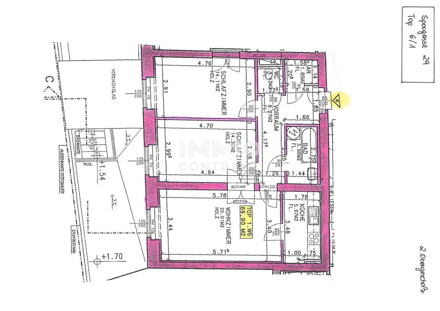 Grundriss der Wohnung Top 6/1 im 2. Obergeschoss mit mehreren Schlafzimmern und Bad.
