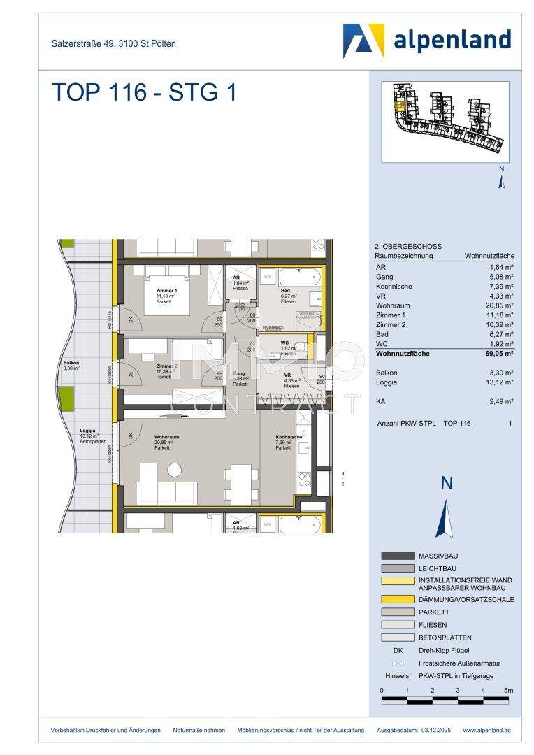 Detaillierter Grundriss einer Wohnung mit Balkon und Loggia im Obergeschoss.